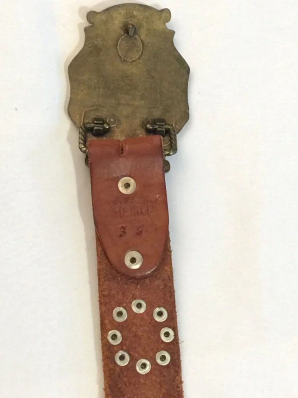 VINTAGE BROWN LEATHER STUDDED RHINESTONE BUCKLE WESTERN RODEO BELT WOMENS 34